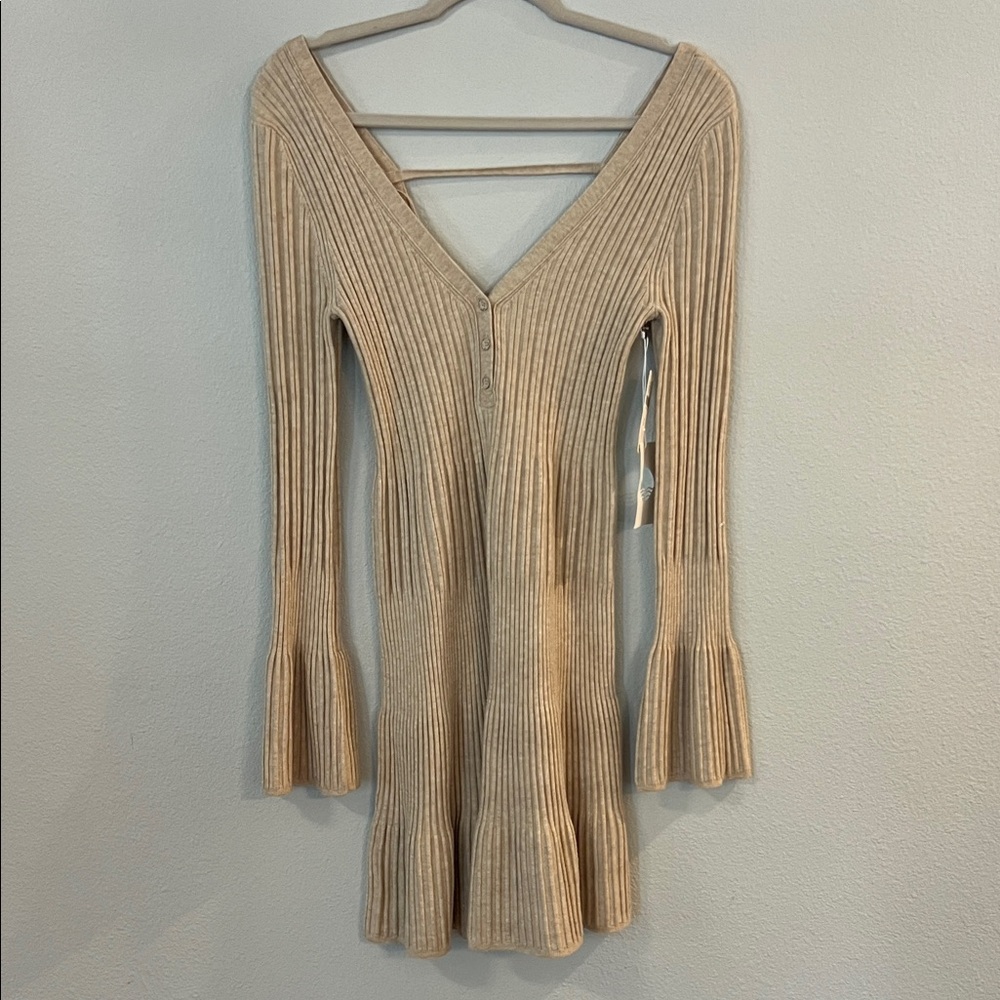 Anthropologie Beige Ribbed Knit Dress with Flared Sleeves M